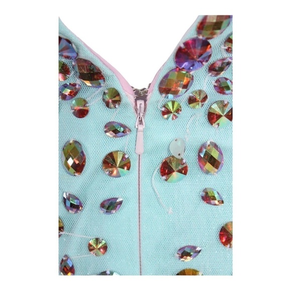 NWT SHERRI HILL Embellished Deep V Neck Mermaid Tulle Gown Blue Pink Size 2 - Picture 11 of 15